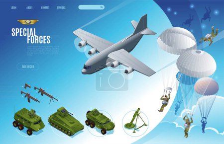 Ilustración de Fuerzas de operaciones especiales Landing Page con asalto aerotransportado, vehículos militares e iconos isométricos de armas personales sobre fondo aislado - Imagen libre de derechos