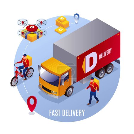 Illustration for Fast Delivery, special vehicles and couriers vector illustration isometric icon on blue isolated background - Royalty Free Image