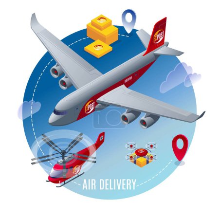 Illustration for Air Delivery, jet plane, helicopter and drone vector illustration isometric icon on blue isolated background - Royalty Free Image