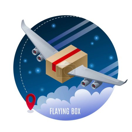 Illustration for Flying box, air delivery, parcel package flying with aircraft wings at night sky vector illustration isometric icon on deep blue isolated background - Royalty Free Image