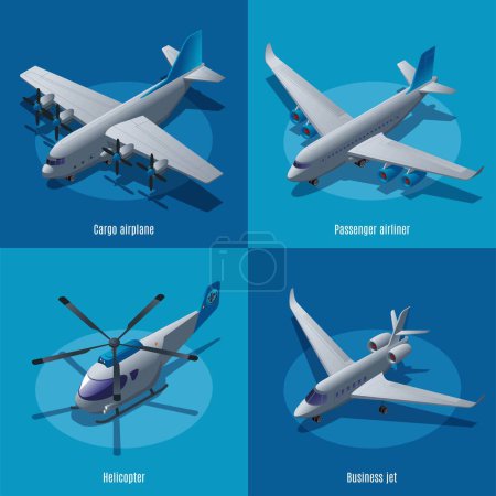 Téléchargez les illustrations : Aéronefs différents types 2X2, avion cargo, avion à passagers, hélicoptère, jet d'affaires, illustration vectorielle icônes isométriques sur fond isolé - en licence libre de droit