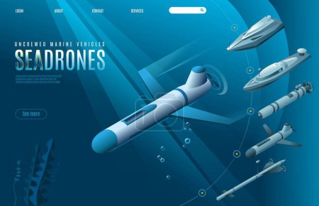 Ilustración de Sea Drones Landing Page of Uncrewed Marine Vehicles (en inglés). Iconos isométricos de diferentes tipos de vehículos militares de superficie y submarinos no tripulados. Ilustración vectorial sobre fondo aislado - Imagen libre de derechos