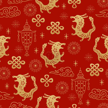 Ilustración de Chinese traditional oriental ornament background, Zodiac signs Dragon pattern seamless. Japanese, Chinese elements. Asian texture for printing, packaging, textiles, fabric, washi paper, scrapbooking - Imagen libre de derechos