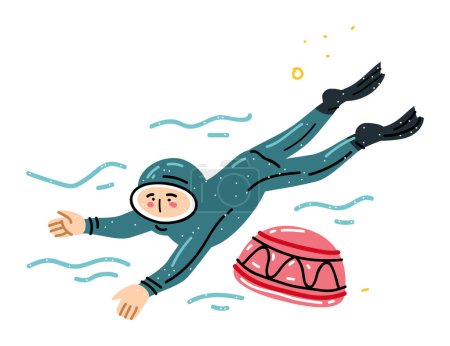 Ilustración de Cultura de Jeju Haenyeo. Un joven buceador salpica en el agua con peces y pulpos. ilustración plana vector de dibujos animados - Imagen libre de derechos