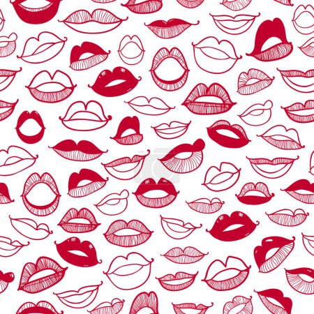 Vector Monochrome seamless pattern with contour sketch sexy lips on white background. Illustration of beauty sexy lips pattern, sketch female fashion