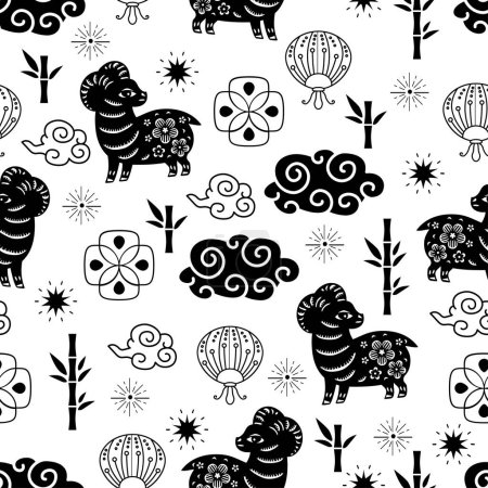 Illustration for Chinese traditional oriental ornament background, Zodiac signs sheep pattern seamless. Japanese, Chinese elements. Asian texture for printing, packaging, textiles, fabric, washi paper, scrapbooking - Royalty Free Image