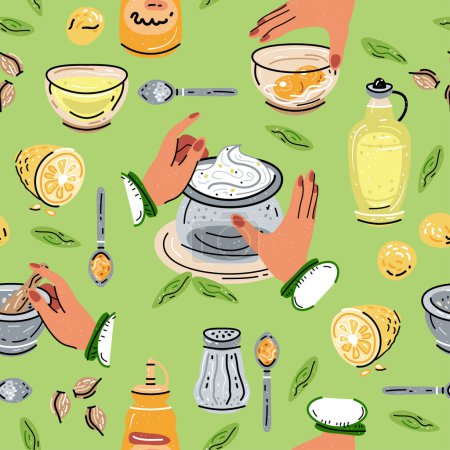 Téléchargez les illustrations : Colored seamless pattern of food and drink. For the menu of restaurants, cafes, and canteens. Fresh food. Harvest. Sauces, mayonnaise, mustard. - en licence libre de droit