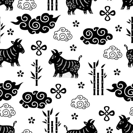 Illustration for Chinese traditional oriental ornament background, Zodiac signs bull pattern seamless. Japanese, Chinese elements. Asian texture for printing, packaging, textiles, fabric, washi paper for scrapbooking - Royalty Free Image