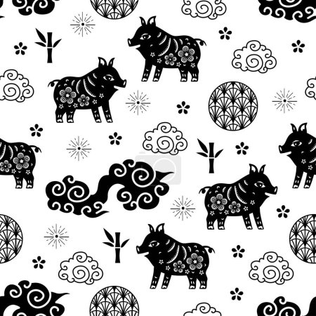 Téléchargez les illustrations : Chinese traditional oriental ornament background, Zodiac signs pig pattern seamless. Japanese, Chinese elements. Asian texture for printing, packaging, textiles, fabric, washi paper for scrapbooking - en licence libre de droit