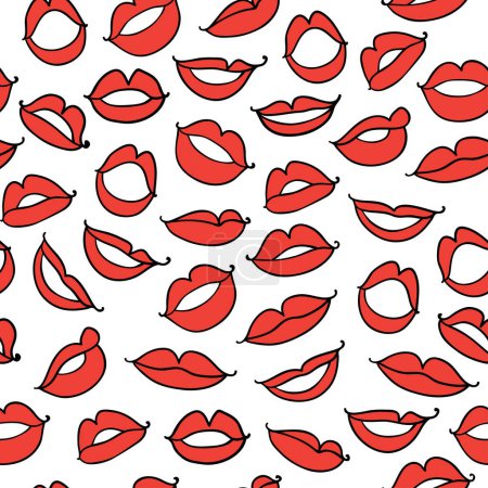 Illustration for Vector seamless pattern with contour sketch sexy red lips on white background. Illustration of beauty sexy lips pattern, sketch female fashion - Royalty Free Image