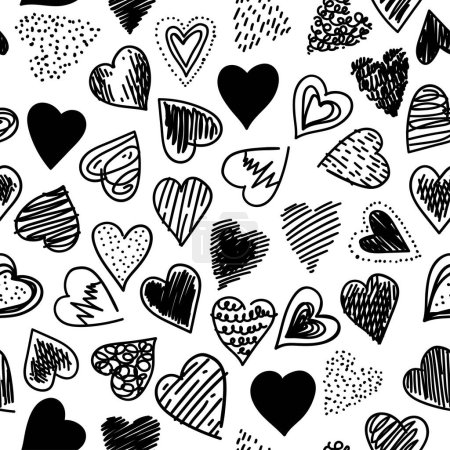 Illustration for Doodle heart icons seamless patterns. Freehand drawings. Contemporary hand drawn shapes backdrop. Spots, drops, curves, Lines - Royalty Free Image
