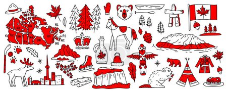 Téléchargez les illustrations : Canada vector travel symbols set. Collection of national canadian icons. Set of design elements in a flat style. Tourism. Vector concept for greeting cards, banners and posters. - en licence libre de droit