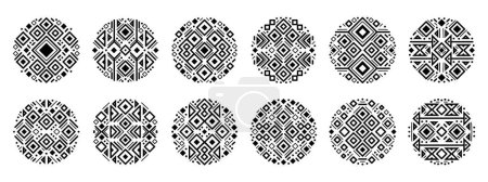 Ilustración de Conjunto vectorial de plantillas de cubierta tribal, círculos aztecas decorativos, formas étnicas geométricas. Decoración de arte blanco y negro conjunto de formas redondas. - Imagen libre de derechos