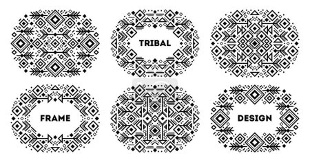 Ilustración de Conjunto vectorial de plantillas de cubierta tribal, bordes aztecas decorativos, marcos étnicos geométricos. Conjunto de formas de decoración de arte blanco y negro. - Imagen libre de derechos