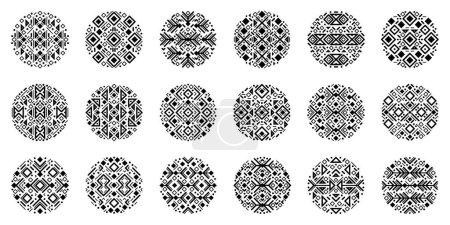 Ilustración de Círculos aztecas geométricos decorativos. Conjunto vectorial de formas de cubierta tribal, formas étnicas geométricas. Decoración de arte blanco y negro conjunto de formas redondas. - Imagen libre de derechos
