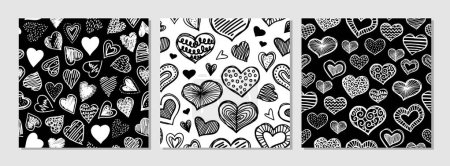 Illustration for Set of Heart doodles seamless pattern. Love illustration hearts hand drawn background. Abstract Ink illustration. Black and white. - Royalty Free Image