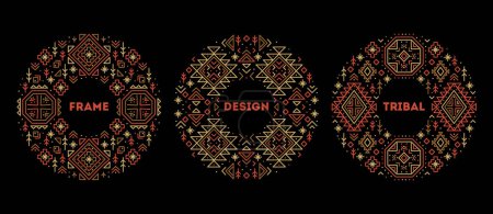 Illustration for Trendy abstract aztec shapes with place for text. Set of vector cover templates, decorative african borders, geometric ethnic frames. Fashion print for textile, fabric. Set of tribal line patterns. - Royalty Free Image