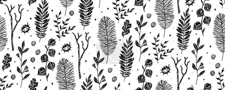 Illustration for Black and white art decoration illustration. Vintage banner for decor, print, textile, wallpaper, interior design. cover background. Monochrome seamless pattern with autumn leaves - Royalty Free Image