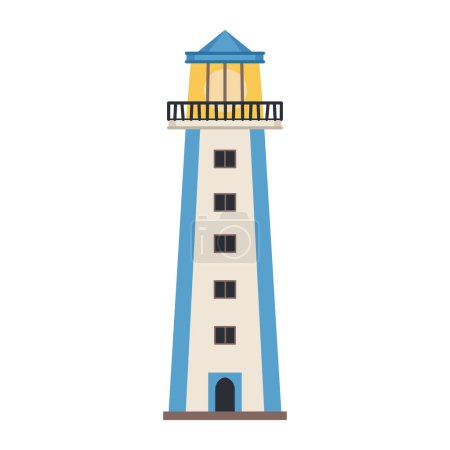 Ilustración de Sea detailed lighthouse icon isolated on white - vector. Beacon tower with searchlight lamp isolated icon. Vector nautical striped tower, navigation symbol, seafarer beacon. - Imagen libre de derechos