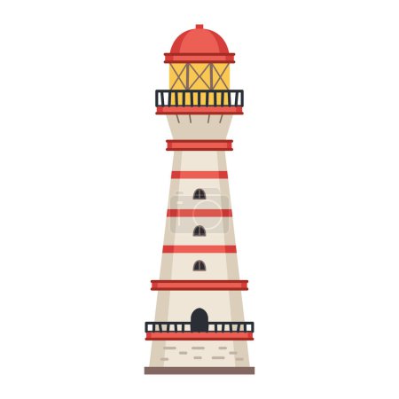 Illustration for Sea detailed lighthouse icon isolated on white - vector. Beacon tower with searchlight lamp isolated icon. Vector nautical striped tower, navigation symbol, seafarer beacon. - Royalty Free Image