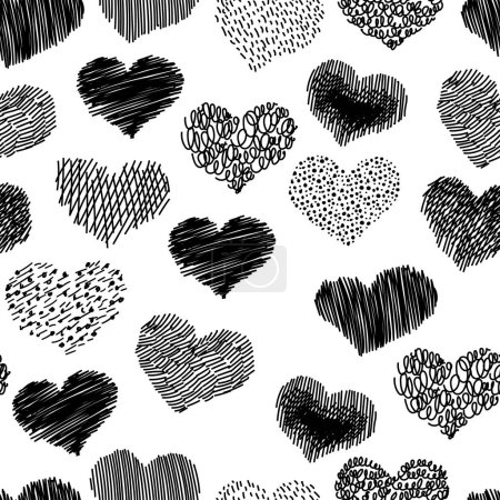 Illustration for Hand drawn scribble sketch hearts seamless pattern. Abstract line black background. Contemporary hand drawn doodle hearts shapes backdrop. Spots, drops, curves, Lines. - Royalty Free Image