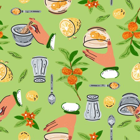 Illustration for Colored seamless pattern of food and drink. For the menu of restaurants, cafes, and canteens. Fresh food. Harvest. Sauces, mayonnaise, mustard. - Royalty Free Image