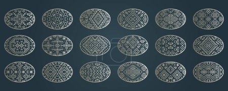 Ilustración de Conjunto de formas redondas de decoración de arte Navajo negro y plata. Conjunto vectorial de plantillas de cubierta tribal, círculos aztecas decorativos y formas étnicas geométricas. - Imagen libre de derechos