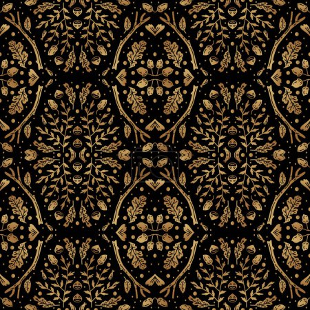 Illustration for Golden art decoration illustration. Banner for decor, print, textile, wallpaper, interior design. cover background. Luxury seamless pattern with gold leaves. - Royalty Free Image