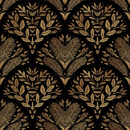 Illustration for Golden art decoration illustration. Banner for decor, print, textile, wallpaper, interior design. cover background. Luxury seamless pattern with gold leaves. - Royalty Free Image