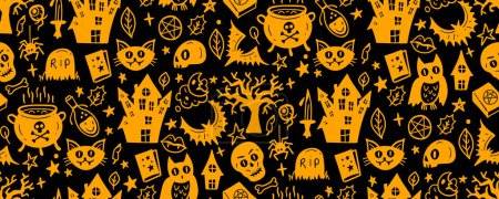 Illustration for Vector artwork background with holiday symbols of the day of the dead. Halloween seamless pattern. Cute autumn design. Scary horror sketch art. Magic wallpaper illustration with ghost and pumpkin - Royalty Free Image