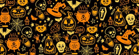 Illustration for Halloween seamless pattern. Vector artwork background with holiday symbols of the day of the dead. Cute autumn design. Scary horror sketch art. Magic wallpaper illustration with ghost and pumpkin - Royalty Free Image