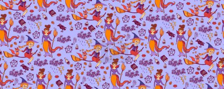 Illustration for Vector artwork background with holiday symbols of the day of the dead. Halloween seamless pattern. Cute autumn design. Scary horror sketch art. Magic wallpaper illustration with ghost and pumpkin - Royalty Free Image