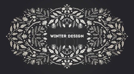 Illustration for Luxury Christmas arabesque frame, abstract sketch winter floral design templates. Geometric monochrome square, holly backgrounds with fir tree. Use for package, branding, decoration, banners - Royalty Free Image