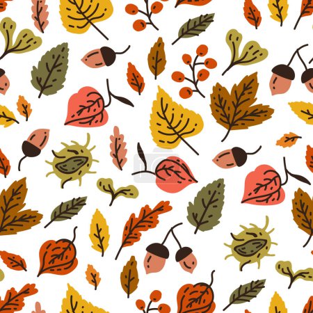 Ilustración de Patrón sin costuras de otoño con diferentes hojas y plantas, colores estacionales con bellotas, hojas de roble de otoño en naranja, beige, marrón y amarillo. Perfecto para papel pintado, papel de regalo, relleno de patrones, página web - Imagen libre de derechos