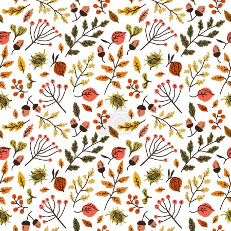 Illustration for Autumn seamless pattern with different leaves and plants, seasonal colors with acorns, autumn oak leaves in Orange, Beige, Brown and Yellow. Perfect for wallpaper, gift paper, pattern fills, web page - Royalty Free Image
