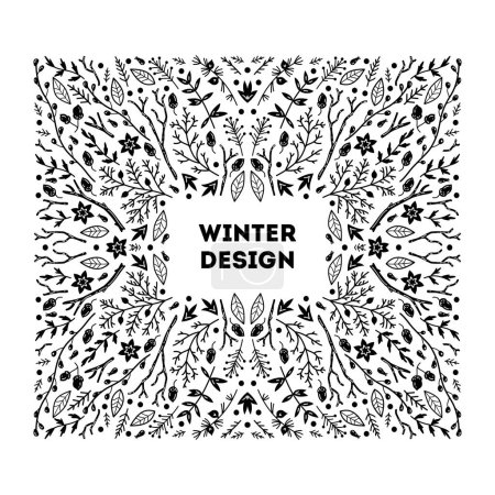 Illustration for Christmas holiday frame. Vintage vector card. Winter background. Vector floral illustration. Black and white. - Royalty Free Image