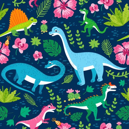 Illustration for Childish seamless pattern with funny dinosaurs in cartoon. Ideal for cards, invitations, party, banners, kindergarten, baby shower, for fabric, textile, preschool and children room decoration - Royalty Free Image
