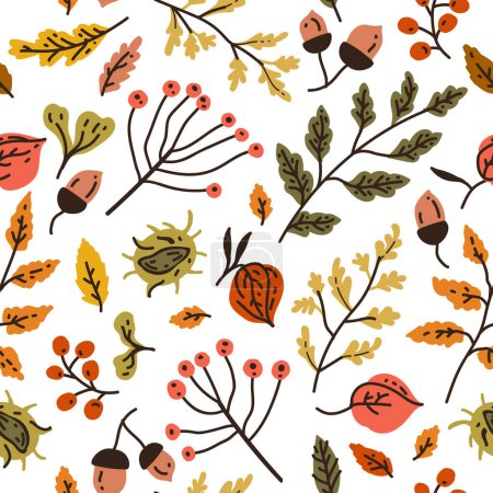 Téléchargez les illustrations : Motif sans couture d'automne avec différentes feuilles et plantes, couleurs saisonnières avec glands, feuilles de chêne d'automne en orange, beige, brun et jaune. Parfait pour papier peint, papier cadeau, remplissage de modèle, page Web - en licence libre de droit