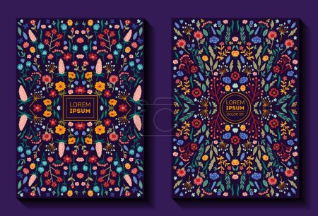 Illustration for Beautiful banner templates set with doodles floral with roses, leaves, floral bouquets, flower compositions. Notebook covers, floral invitation cards for your design - Royalty Free Image