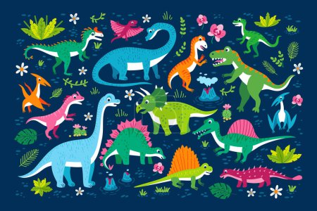 Childish poster with Jurassic reptiles. Cute flat dinosaur set. Illustrations prehistoric lizard for children. Cartoon characters dino isolated on blue background. Dinosaur era wildlife