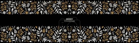 Illustration for Merry Christmas and Happy New Year luxury festive design with border. Line art style. Winter dark background with floral ornament. Xmas decoration. Vector illustration - Royalty Free Image
