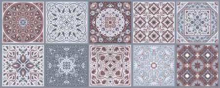 Illustration for Set of patterned azulejo floor tiles. Abstract geometric background. Collection of ceramic tiles in turkish style. Seamless colorful patchwork. Portuguese and Spain decor. Islam, Arabic, Indian motif. - Royalty Free Image