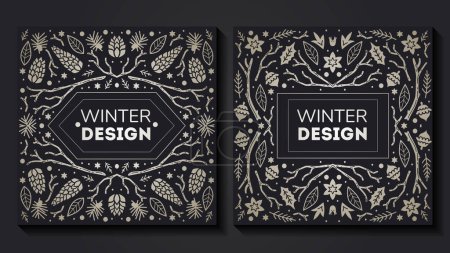 Illustration for Luxury Christmas frame set, abstract sketch winter floral design templates. Geometric monochrome square, holly backgrounds with fir tree. Use for package, branding, decoration, banners - Royalty Free Image
