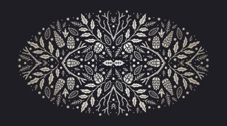 Illustration for Luxury Christmas arabesque frame, abstract sketch winter floral design templates. Geometric monochrome square, holly backgrounds with fir tree. Use for package, branding, decoration, banners - Royalty Free Image
