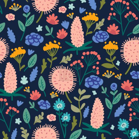 Illustration for Vector seamless pattern with hand drawn wild plants, herbs and flowers, colorful botanical illustration, floral elements, hand drawn repeating background. Wild meadow herbs, flowering flowers - Royalty Free Image