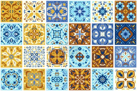 Illustration for Set of patterned azulejo floor tiles background. Seamless colorful pattern. Abstract geometric patchwork. Collection of ceramic tiles in turkish style. Portuguese and Spain decor. Islam, Arabic - Royalty Free Image