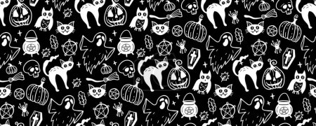 Téléchargez les illustrations : Modèle sans couture monochrome de mignon Halloween dessiné à la main doodle. Illustration vectorielle Fond noir et blanc avec fantôme, chat, citrouille, crâne, cercueil, hibou, chaudron, balai, feuilles. Style silhouette - en licence libre de droit