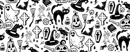 Téléchargez les illustrations : Modèle sans couture monochrome de mignon Halloween dessiné à la main doodle. Fond noir et blanc avec Chat, citrouille, chauve-souris, feuilles, étoiles, sorcière, fantôme, chapeau, monstre, potion, tombe, pierre tombale. - en licence libre de droit