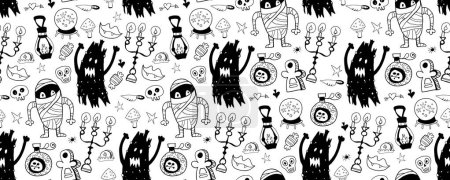 Téléchargez les illustrations : Modèle sans couture monochrome de mignon Halloween dessiné à la main doodle. Fond noir et blanc avec Monstre, fantôme, momie, chandelier, pierre tombale, cercueil, crâne, bonbons, potion, sorcières, citrouille - en licence libre de droit