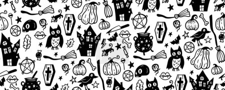 Téléchargez les illustrations : Modèle sans couture monochrome de mignon Halloween dessiné à la main doodle. Fond noir et blanc avec citrouille, balai, hibou, crâne, maison, château, corbeau, pentagramme, sorcière, chat, feuilles, araignée, fantôme, chat, - en licence libre de droit